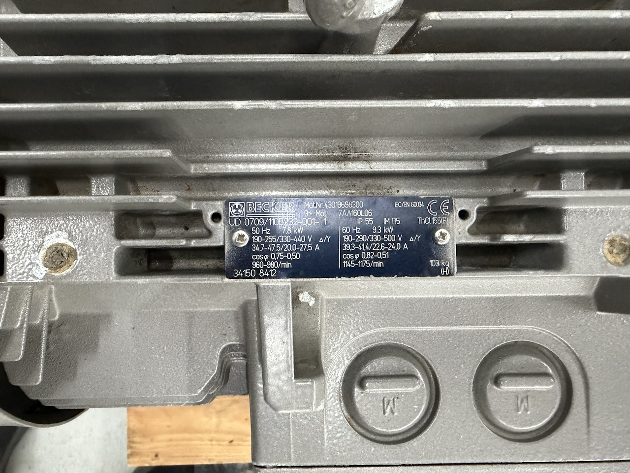 Becker pump motor nameplate — 9.3 kW at 60 Hz