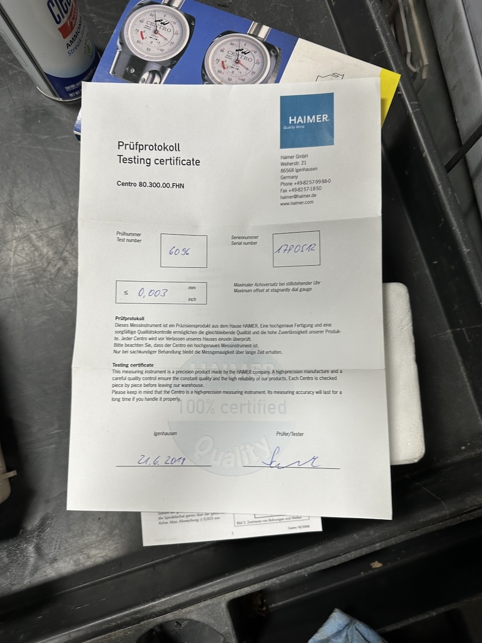 Haimer Centro — testing certificate